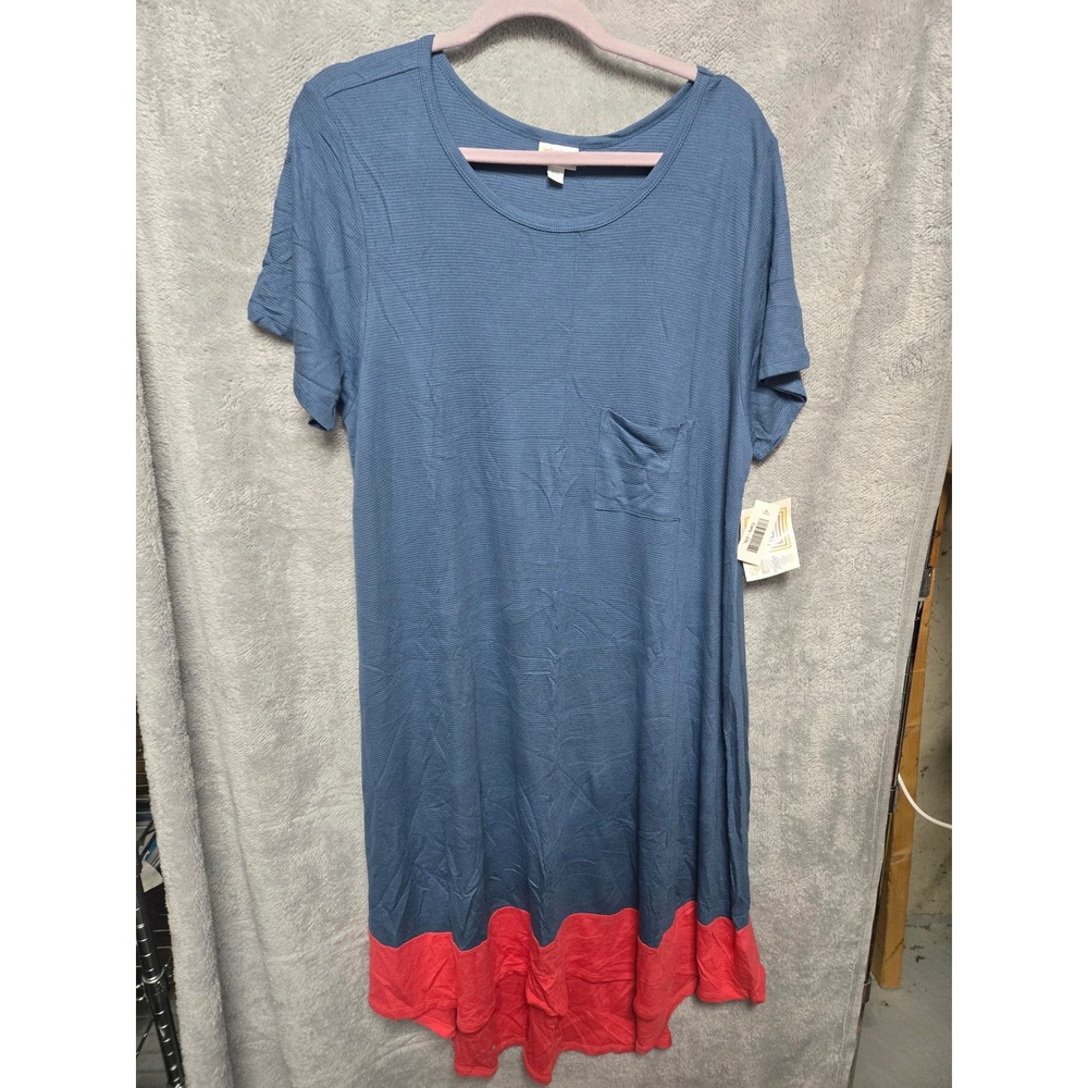 LuLaRoe Carly Dress 2XL Blue Red Colorblock Ribbed Knit Short Sleeve Pocket NEW